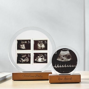 Baby Announcement Ultrasound Picture Frame - Custom Acrylic Photo Print with Engraved Wood Base - Expecting Parents Pregnancy Announcement