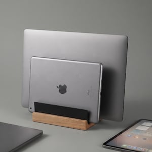 Dual Vertical Laptop Stand, Wood MacBook Dock, Personalized Desk Organizer for Home Office, Space Saving Laptop Holder Gift