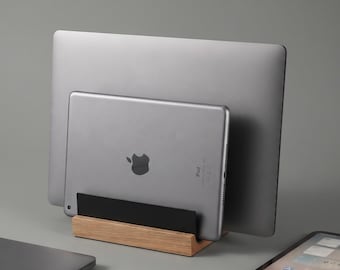 Dual Vertical Laptop Stand, Wood MacBook Dock, Personalized Desk Organizer for Home Office, Space Saving Laptop Holder Gift