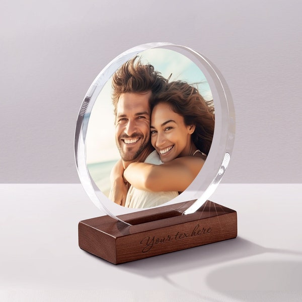 Romantic Acrylic Photo Print, Valentines Day Gift for Her - Round Picture Frame on Custom Engraved Wooden Base, Gift for Wife or Girlfriend