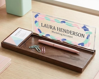 Personalized Desk Name Plate with Pen Holder - Custom Desk Name Plates Display Stand -Office Desk Organizer - Name Plates with Engraved Wood
