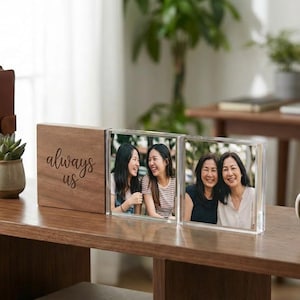 Acrylic Photo Print, Personalized Wooden Photo Frame, Picture Display for Living Room, Custom Engraved Wood Stand. Mothers Day Gift