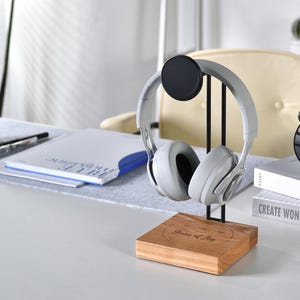 Wooden Headphone Stand with Wireless Charger Desk Accessories - Custom Engraved Headphone Holder with Phone Charging Station - Custom Gift
