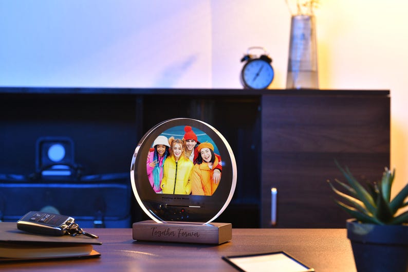 Round Acrylic Photo Block - Song Plaque on Wood Base, Music Player ...