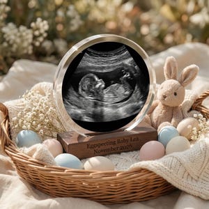 May include: A wicker basket holds a plush bunny, painted eggs, and a clear acrylic ultrasound photo. The ultrasound is mounted on a wooden base with the text "Eggspecting Baby Lea November 2026". The eggs are pastel colors.
