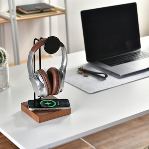 Handmade Headphone Stand with Charging Station - Custom Engraved Headphone Holder Desk Accessories - Modern Wireless Charger Gift for Friend