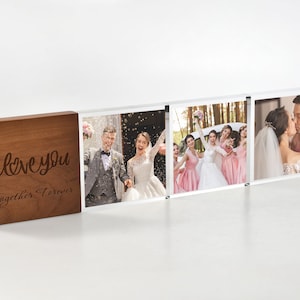 Laser Engraved Wood Acrylic Photo Block - Freestanding Picture Frame 5th Wedding Anniversary Gift for Couple - Modern Photo Frame