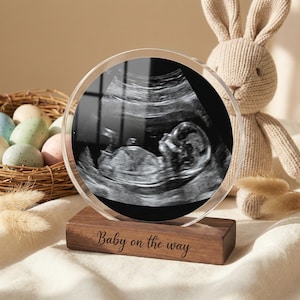 Baby Announcement Plaque Acrylic Ultrasound Photo Frame, Engraved Wood Stand, Fathers Day Pregnancy Reveal