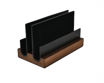 Vertical Dual Laptop Stand - Adjustable Double Macbook Dock - Wood & Metal Desk Organizer - Space Saving Laptop Dock Office Setup Gift