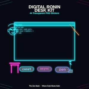 Puede incluir: Kit de escritorio Digital Ronin con 44 pegatinas PNG transparentes. El gráfico muestra una ventana de computadora de color cian neón con texto de código, un icono de cabeza estilizado y tres botones rectangulares redondeados etiquetados const, async y zen.