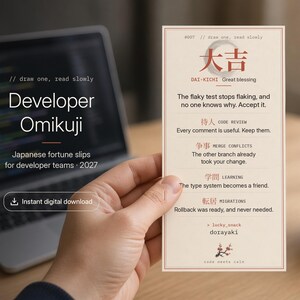 Code Meets Calm Developer Omikuji, Japanese Fortune Slips for Programmer Team Party, New Year 2027 Office Game, Printable