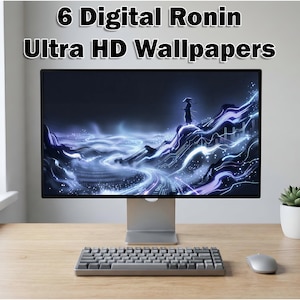 May include: A computer monitor displays a digital wallpaper with a samurai figure on a mountain, with the text "6 Digital Ronin Ultra HD Wallpapers". A keyboard, mouse, and potted succulent sit on a wooden desk.