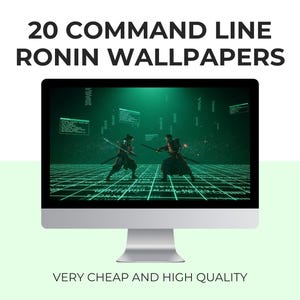 Puede incluir: Un monitor de ordenador muestra una obra de arte digital de dos guerreros samuráis en combate. La pantalla muestra un fondo de cuadrícula verde con el texto "20 COMMAND LINE RONIN WALLPAPERS" en la parte superior y "VERY CHEAP AND HIGH QUALITY" en la parte inferior.
