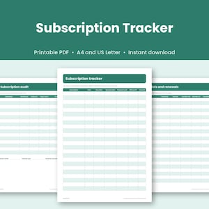 Pode incluir: Um modelo digital de rastreador de assinaturas com três páginas brancas, cabeçalhos verde-escuros e linhas verde-claras. O texto diz Subscription Tracker, Subscription audit e Renewals and renewals.