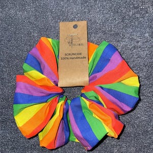 May include: A colourful rainbow-striped scrunchie with a tag that reads "SCRUNCHIE 100% Handmade." The scrunchie features bands of red, orange, yellow, green, blue, and purple fabric. A hair accessory.