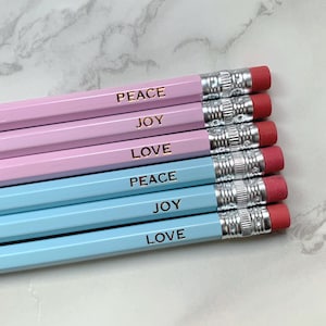 Peace Joy and Love Affirmation Pencil Trio Set, Gold Foil Pencils Set, Teachers Back to School Gift, Festive Stocking Filler, Lilac or Blue