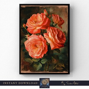 Póster Rosa Romántica | Arte digital | Bodegón de flores en colores cálidos | Impresión artística de alta resolución