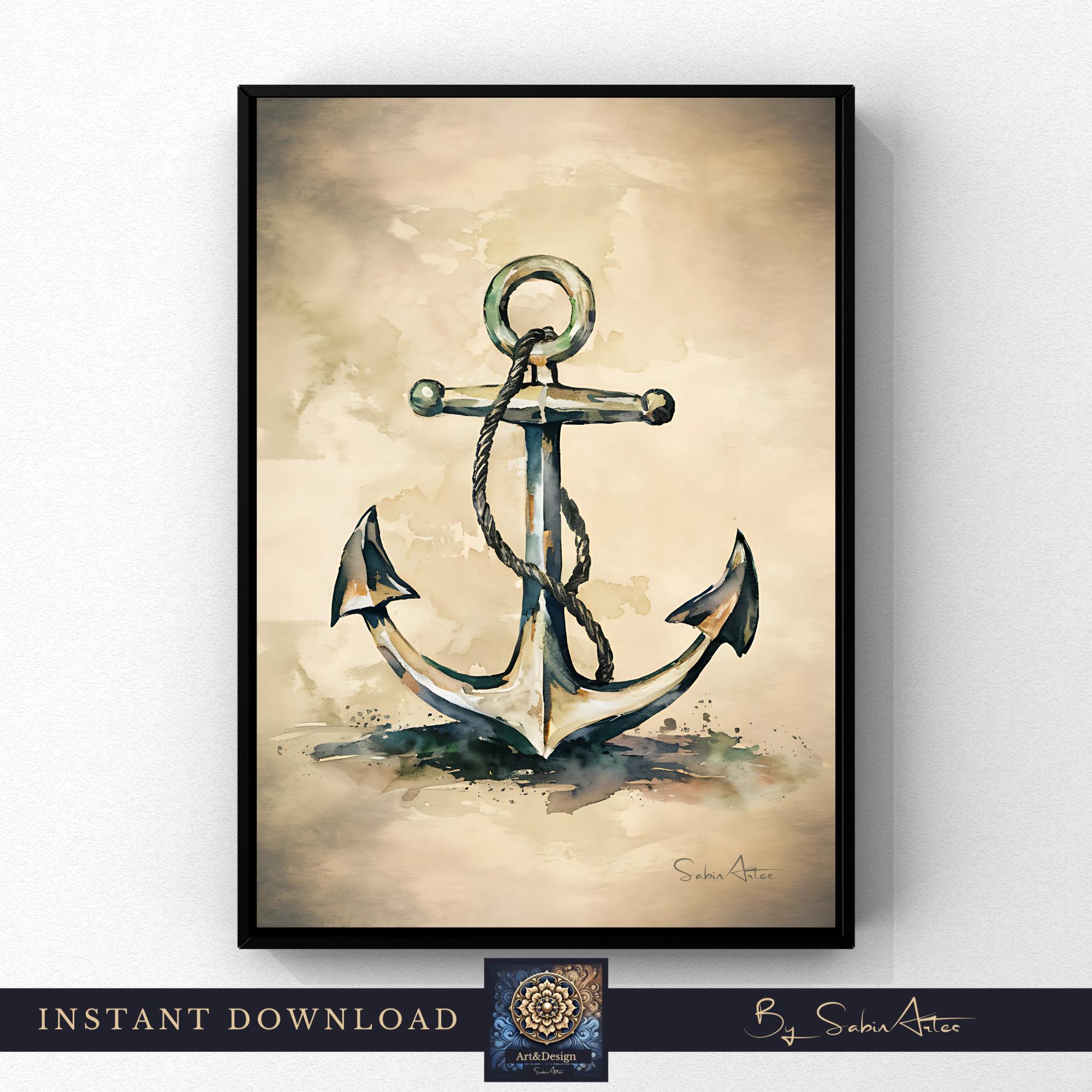 Vintage Anchor Poster – Digital Art Design in Beige, Blue, and Sepia Tones