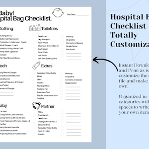 Checkliste für die Krankenhaustasche, anpassbare Geburtspackliste für Schwangerschaft und Wochenbett