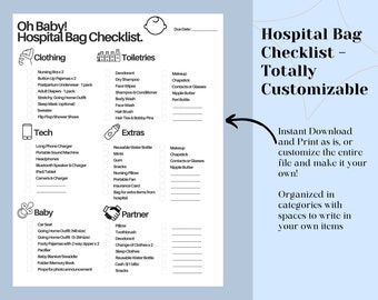 Lista de verificación de bolsas de hospital, lista de empaque personalizable para el parto y el nacimiento para el planificador de embarazo y posparto