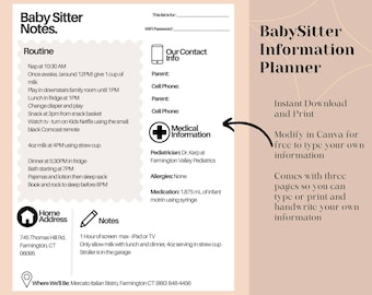 Babysitter Information Planner Sheet, Printable Notes for Nanny, Editable and Customizable Babysitter Info for Emergency Contacts