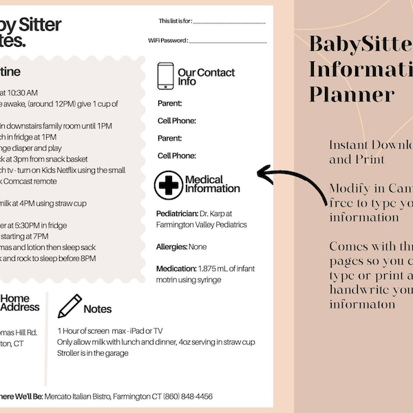 Babysitter Information Planner Sheet, Printable Notes for Nanny, Editable and Customizable Babysitter Info for Emergency Contacts