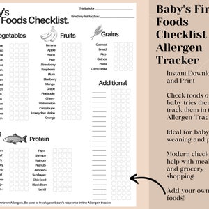 Baby Led Weaning, Baby Food Tracker, Baby Food Diary, Baby&#39;s First Foods Printable Checklist with Allergen Tracker, Meal Planner Grocery