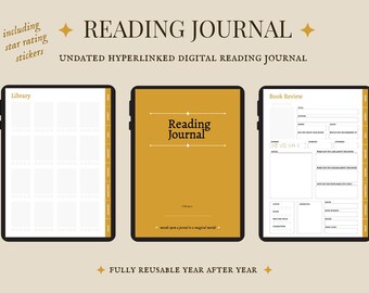 May include: A digital reading journal with three pages. The first page is a library list with a grid of squares for book titles. The second page is a title page with the words "Reading Journal" in a gold box. The third page is a book review page with sections for title, author, genre, and more. The journal is undated and fully reusable.