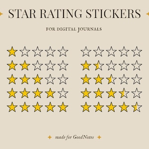 Peut inclure: Un ensemble de 10 autocollants d'évaluation par étoiles pour les journaux numériques. Chaque autocollant comporte cinq étoiles, certaines étoiles étant remplies de jaune et d'autres laissées vierges. Les autocollants sont conçus pour être utilisés avec GoodNotes.