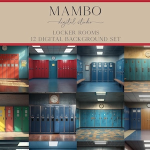 Puede incluir: Un conjunto de 12 fondos digitales de vestuario. Los fondos presentan taquillas, suelos e iluminación de diferentes colores. Algunos fondos tienen relojes en la pared. Los fondos son perfectos para crear un entorno escolar realista.