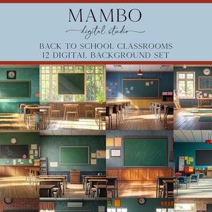 Può includere: Un set di 12 sfondi digitali per l'aula che presentano diverse configurazioni di aule con scrivanie, sedie, lavagne e finestre. Gli sfondi sono perfetti per l'apprendimento virtuale o l'insegnamento online.