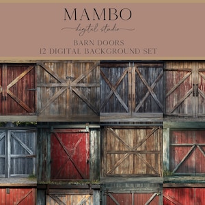 Può includere: Un set di 12 immagini di sfondo digitali che presentano diverse porte di fienile. Le porte sono in legno e hanno colori e trame diverse, tra cui rosso, blu e marrone. Alcune porte hanno un motivo diagonale di assi di legno, mentre altre hanno un motivo orizzontale. Le immagini sono perfette per aggiungere un tocco rustico ai tuoi progetti digitali.