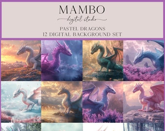 Fantasy Pastel Dragon Scenes Digital Backdrop Set, Photoshop Background, Digital Background, Portrait, Elementary