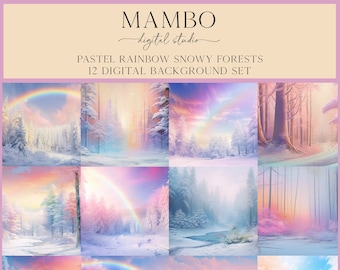 Winter Pastell Regenbogen Verschneite Waldszenen Weihnachten Tanz Digitaler Hintergrund, Photoshop Hintergrund, Digitaler Hintergrund, Porträt, Urlaub
