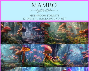 Conjunto de telón de fondo digital del bosque de setas, fondo de Photoshop, fondo digital, maternidad, retrato, boda, fantasía