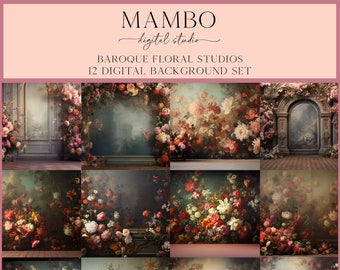 May include: A set of 12 digital backgrounds featuring a baroque floral theme. The backgrounds are painted in a vintage style with lush flowers, greenery, and ornate details.  The backgrounds are perfect for photographers, graphic designers, and anyone who wants to add a touch of elegance to their projects.