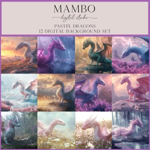 Könnte beinhalten: Ein Set aus zwölf digitalen Hintergrundbildern mit pastellfarbenen Drachen. Die Drachen sind in verschiedenen Umgebungen dargestellt, mit Farbtönen von Rosa, Blau und Grün. Der Text "MAMBO digital studio" und "PASTEL DRAGONS 12 DIGITAL BACKGROUND SET" ist oben zu sehen.