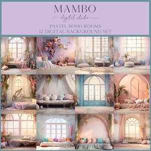 Op de afbeelding: Een set van 12 digitale achtergrondafbeeldingen met pastelkleurige boho-kamers met gebogen ramen, bloemenaccenten en verschillende zithoeken. De achtergronden zijn perfect om fantasierijke en dromerige fotobewerkingen te maken.