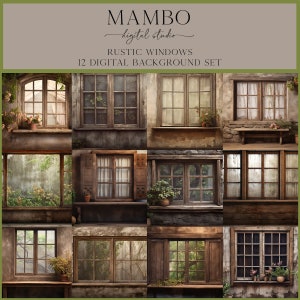 以下が含まれることがあります： 素朴な窓を様々な景色で描いた、12枚のデジタル背景画像のセットです。緑、空、レンガの壁など、様々な景色が楽しめます。窓は木製のフレームで、様々な窓枠のデザインがあります。これらの背景は、デジタルデザインに素朴な魅力を加えるのに最適です。