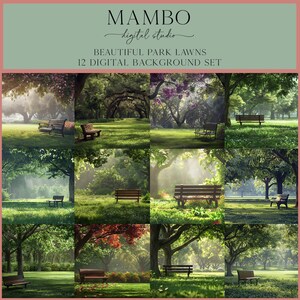 Puede incluir: Doce imágenes de fondo digitales que presentan una variedad de escenas de parque con bancos, árboles y hierba verde exuberante. Las imágenes son perfectas para agregar un toque de naturaleza a tus diseños digitales.