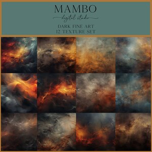 Puede incluir: Un conjunto de arte digital con 12 texturas de arte oscuro. Las texturas muestran diseños abstractos en naranja, marrón, gris y azul. El texto "MAMBO digital studio" y "DARK FINE ART 12 TEXTURE SET" se muestra en la parte superior.