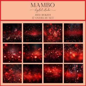 May include: A set of 12 red bokeh overlays for digital design. The overlays feature various sizes and shapes of red lights, creating a festive and romantic atmosphere.