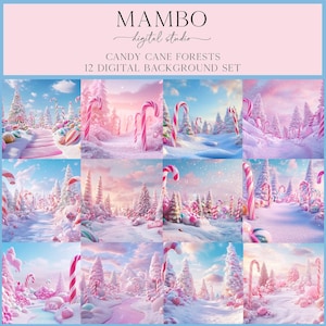 May include: A digital background set featuring 12 images of a whimsical candy cane forest. The images depict a snowy forest with candy canes, trees, and a pink and blue sky. The set is perfect for creating festive holiday designs.