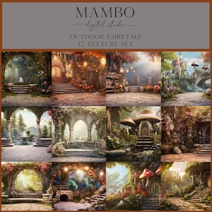 以下が含まれることがあります： 石のアーチ、緑豊かな植物、キノコや妖精の光など、幻想的な屋外シーンを特徴とする12種類のデジタルテクスチャのセット。ファンタジーな背景を作成したり、デザインに魔法のタッチを加えたりするのに最適です。