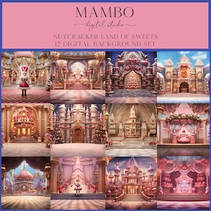 May include: A set of 12 digital backgrounds featuring a whimsical Nutcracker Land of Sweets theme. The backgrounds depict a candy-themed castle with pink and gold accents, a Christmas tree decorated with candy canes and bows, and a stage with a Nutcracker doll.