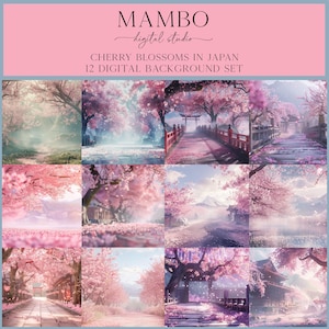 May include: A digital background set featuring 12 images of cherry blossoms in Japan. The images include a variety of scenes, such as a bridge with a torii gate, a path through a forest, and a mountain range in the distance. The images are all in a soft, pastel colour palette and feature a dreamy, ethereal atmosphere.