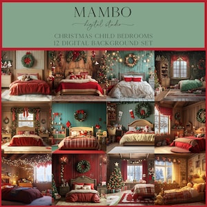 May include: Twelve digital background images of Christmas themed children's bedrooms. Each image features a bed with red and white bedding, a Christmas tree, and festive decorations. The backgrounds are perfect for creating holiday-themed photos and digital art.