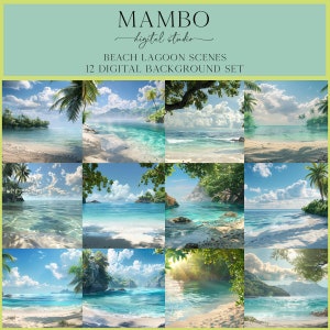 May include: A set of 12 digital background images featuring tropical beach scenes with turquoise water, white sand, and lush green palm trees.  The images are perfect for creating digital art, photo editing, or adding a tropical touch to your designs.