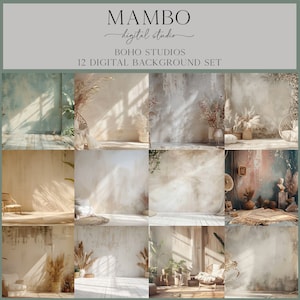 May include: A set of 12 digital background images featuring a boho aesthetic. The backgrounds are a mix of light beige, cream, and white with textured walls and natural light. Some backgrounds include plants, dried flowers, and furniture.