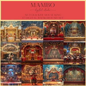 May include: A set of 12 digital backgrounds featuring a Nutcracker Mouse King in a festive Christmas setting. The backgrounds include a stage with red curtains, a Christmas tree, and a castle.